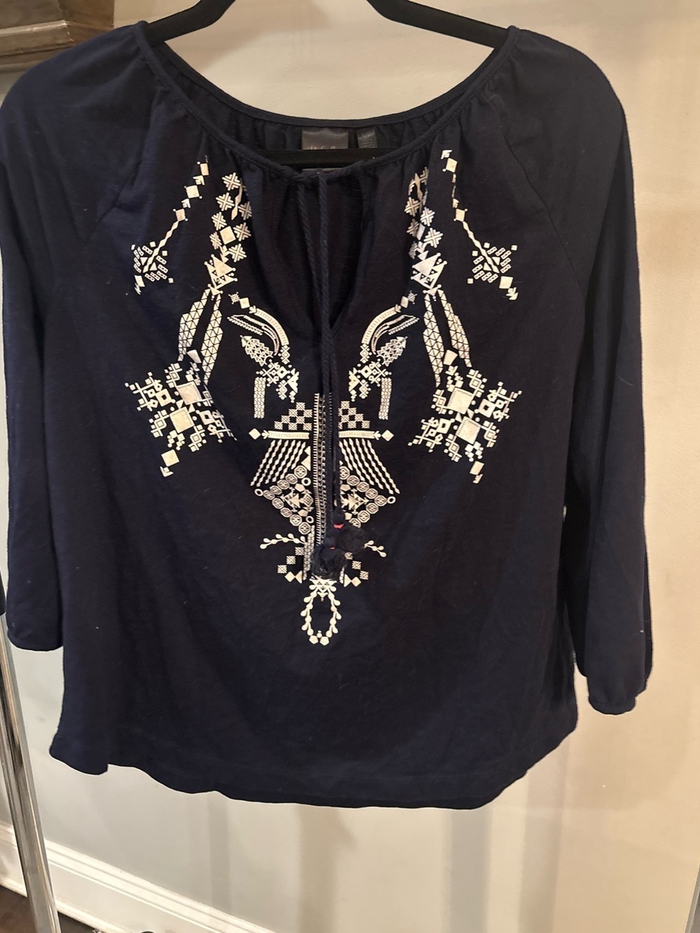 Rafaella Navy Tunic Peasant Top with White Embroidered Design women’s size large